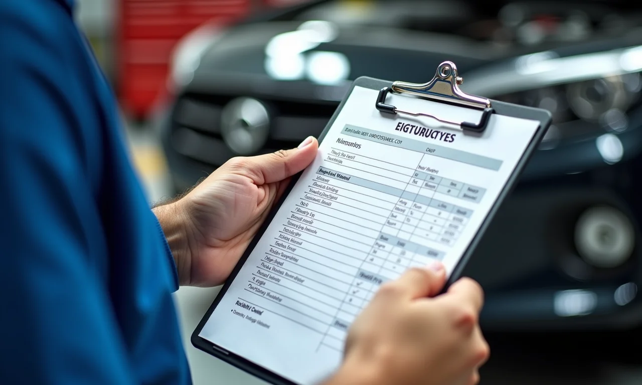 Orçamento detalhado de reparo automotivo em uma prancheta.