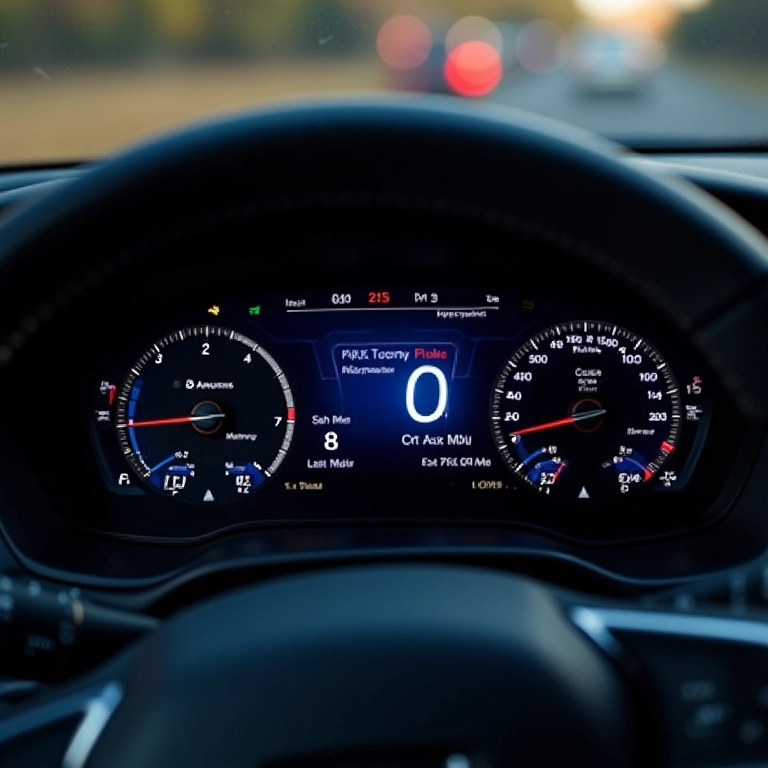 Painel de carro moderno exibindo computador de bordo digital com ícones claros e design intuitivo.