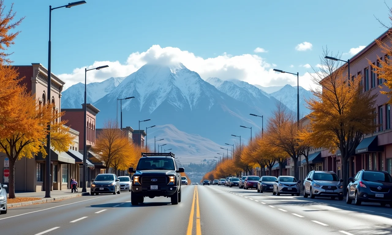 Paisagem urbana de Coyhaique com os Andes ao fundo e veículo 4x4.