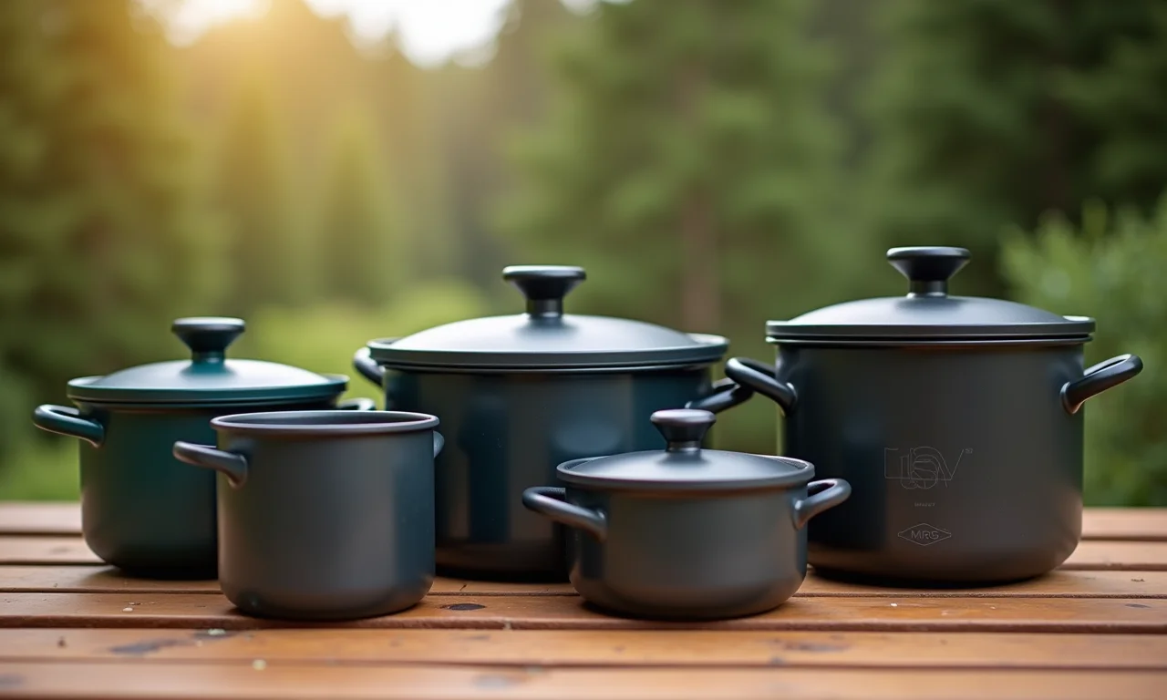 Panelas de camping de marcas confiáveis sobre mesa de madeira.