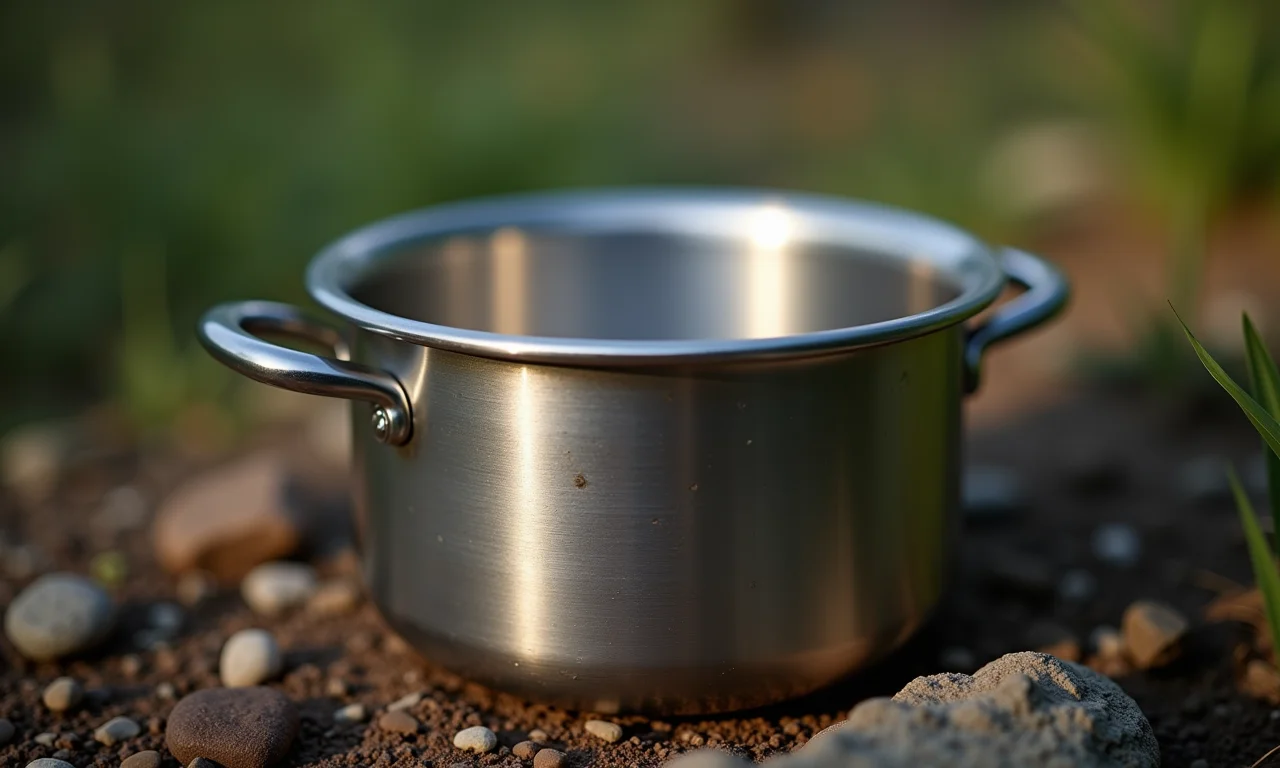 Panelas de camping de titânio, material leve e resistente.