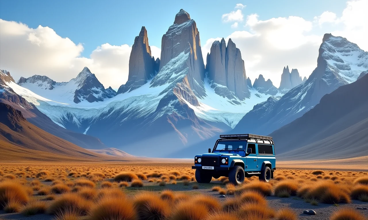 Parque Nacional Torres del Paine e veículo 4x4.
