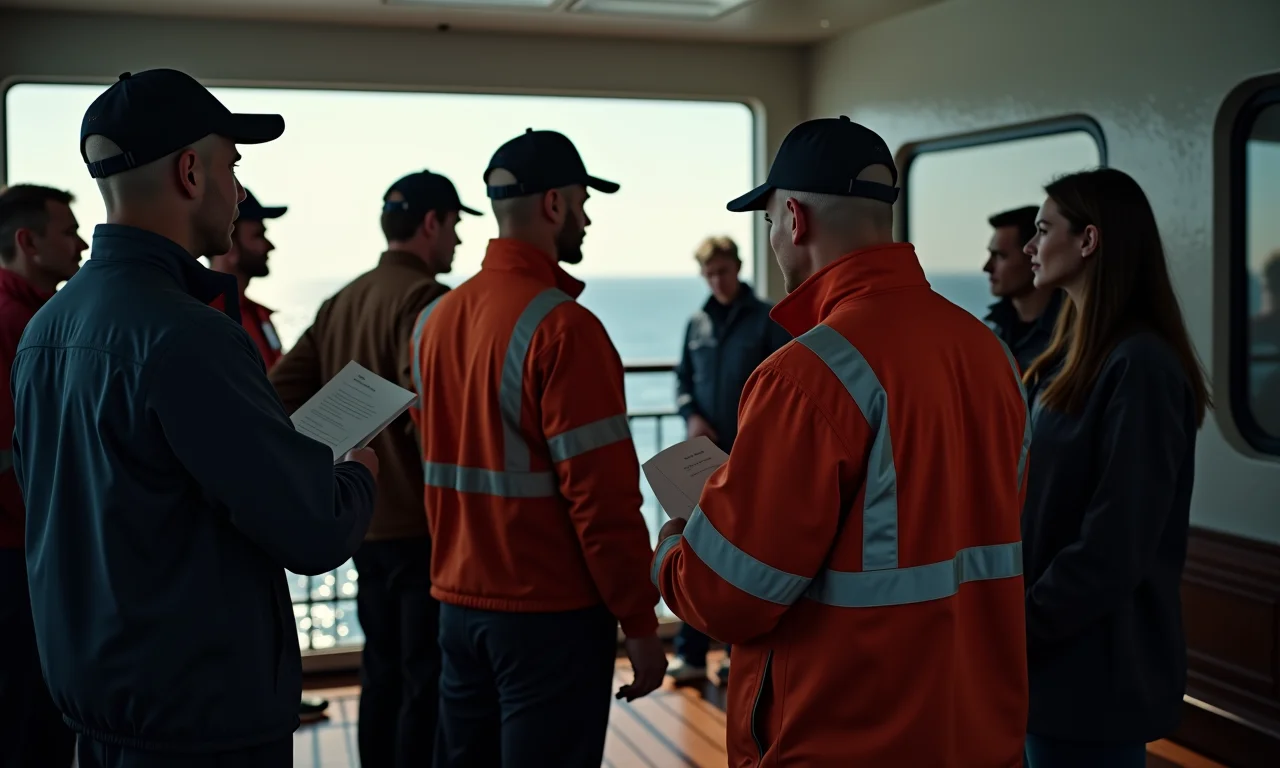Passageiros seguindo instruções da tripulação na balsa.