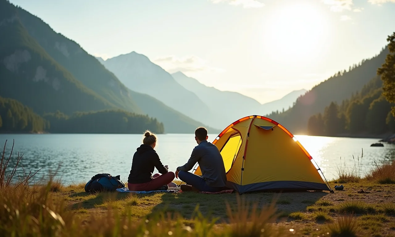 Pequena barraca de camping para duas pessoas à beira de um lago, com um casal.