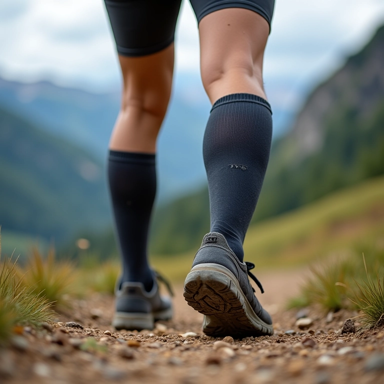 Pernas de um(a) caminhante usando meias de compressão em uma trilha de montanha.