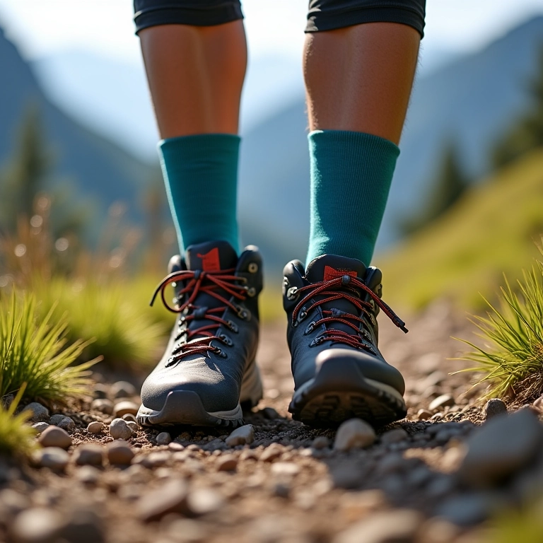 Pés de um(a) caminhante usando meias de trekking e botas numa trilha, evitando bolhas.