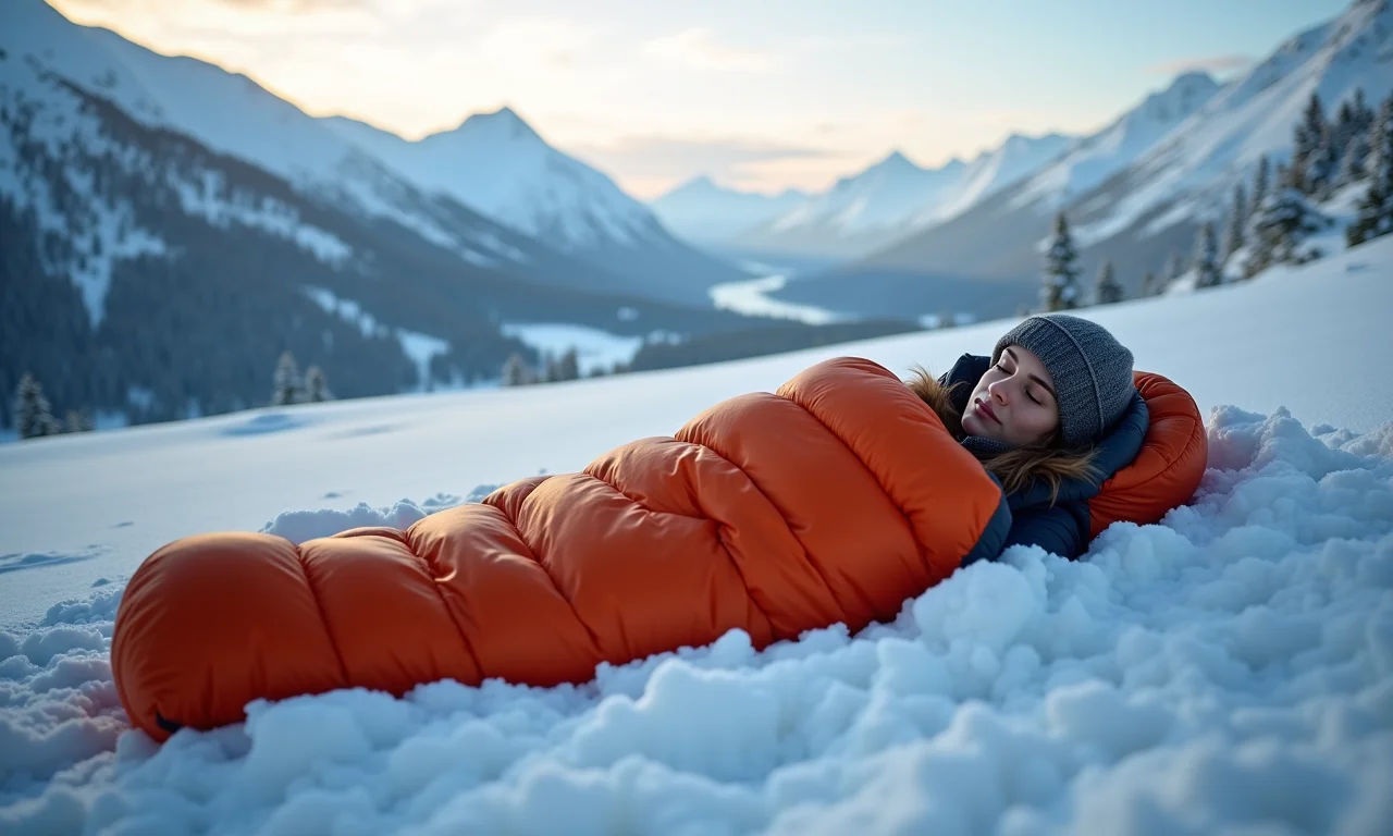 Pessoa dormindo confortavelmente em um saco de dormir de -5 graus em paisagem montanhosa nevada.