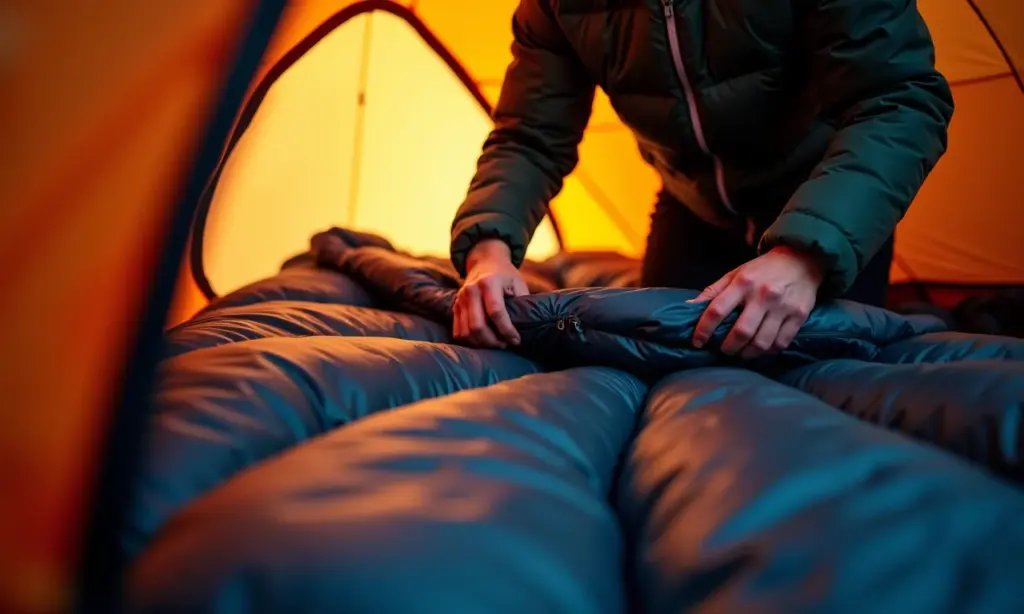 Pessoa fechando saco de dormir de -10 graus em cabana aconchegante.