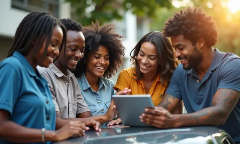 Pessoas diversas pesquisando carros online, representando a cultura brasileira.