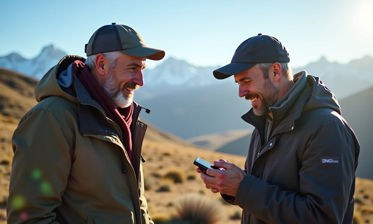 Pessoas se comunicando com um telefone via satélite em área remota.