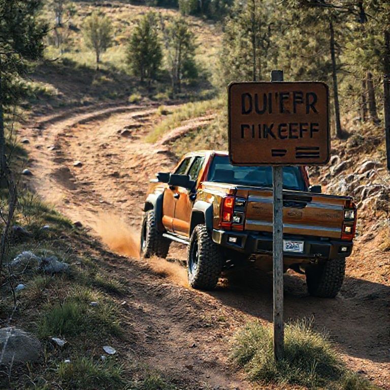 Picape 4x4 dirigindo em trilha off-road, demonstrando habilidade e experiência.