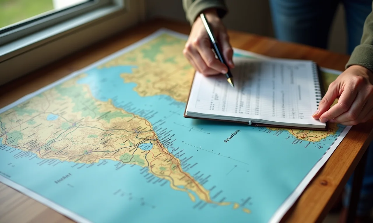 Planejamento de rota para travessia de balsa com mapa e horários.