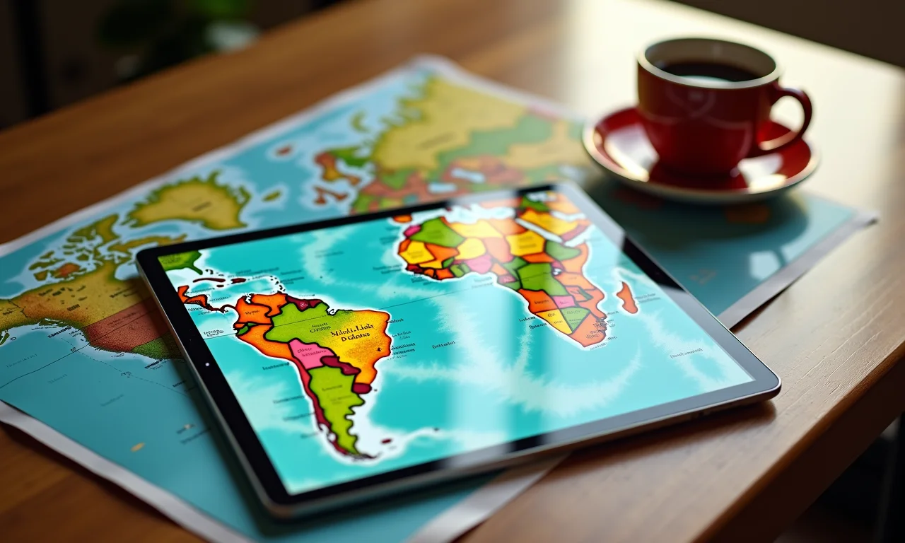 Planejando uma rota de overlanding em um tablet com mapa e café.