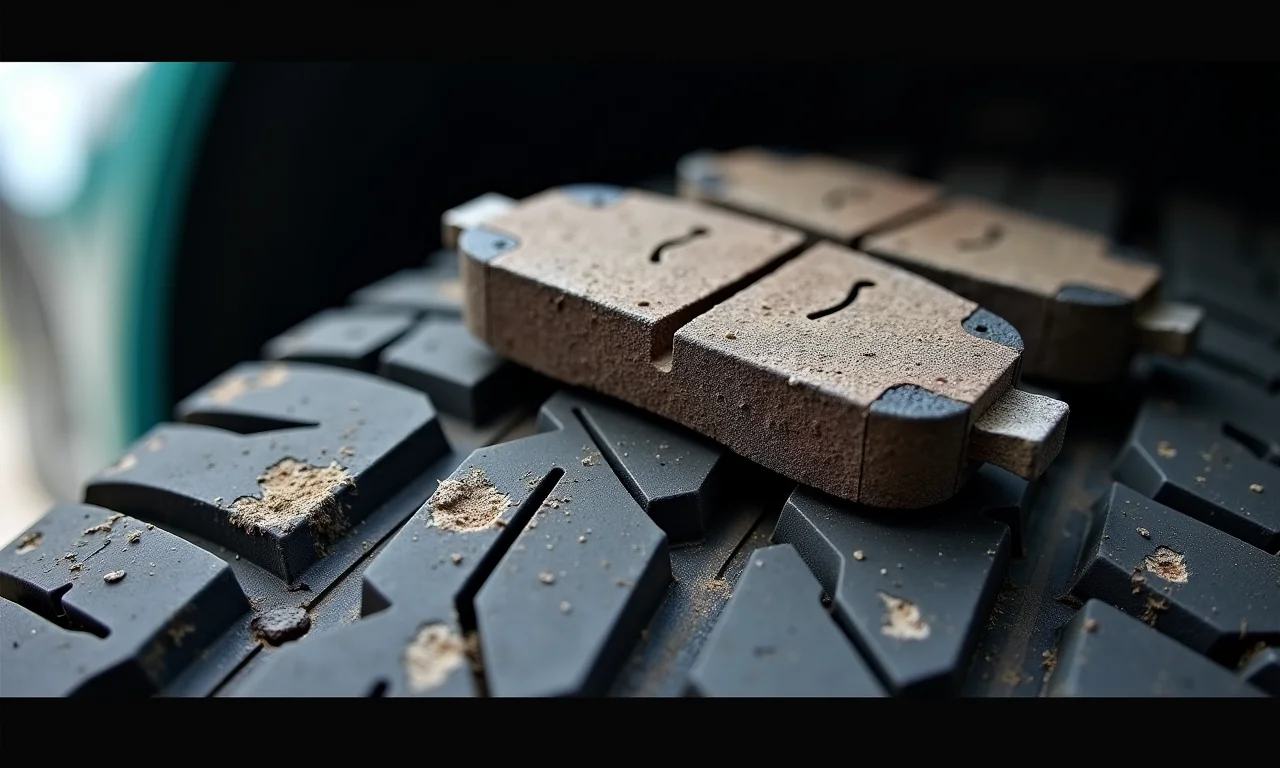 Pneu e pastilhas de freio desgastados, representando desgaste natural.