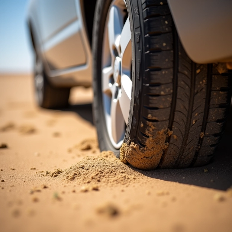 Pneus afundando na areia, close-up.