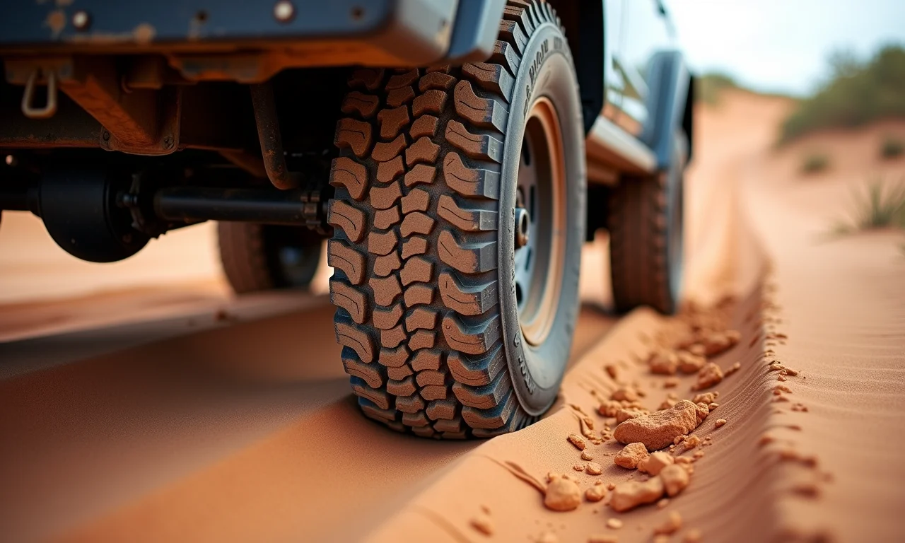 Pneus de veículo 4x4 em terreno arenoso no Jalapão.