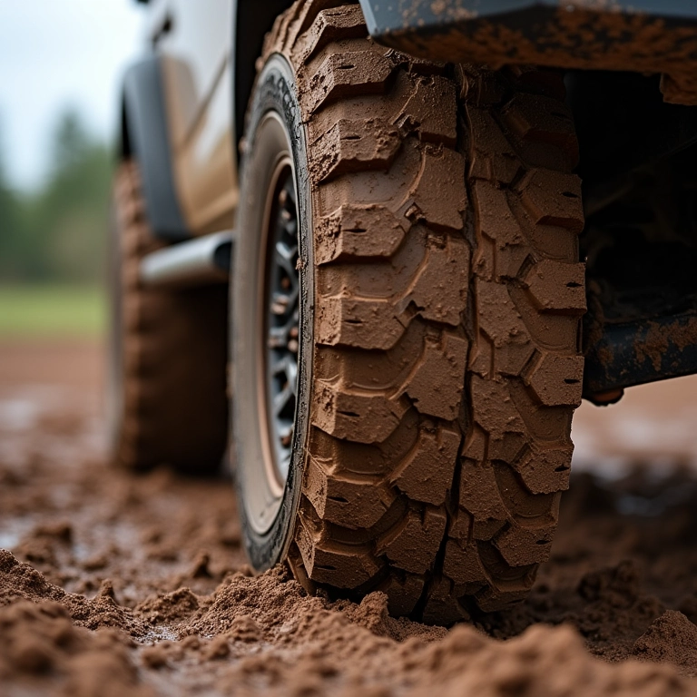 Pneus off-road com sulcos profundos em terreno lamacento.