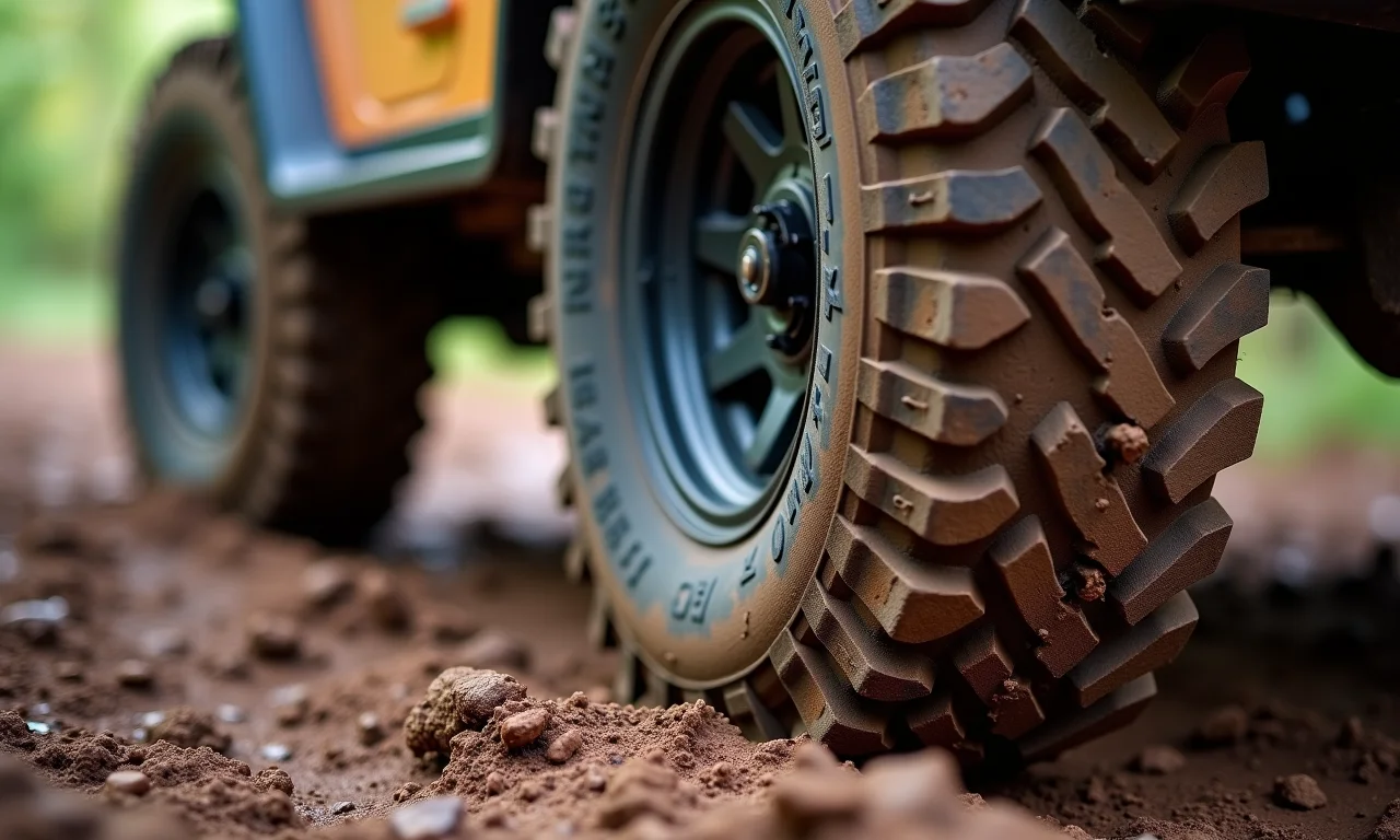 Pneus off-road em terreno lamacento. Detalhe da aderência.