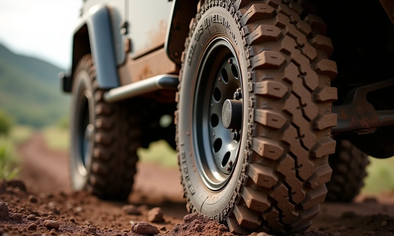 Pneus off-road robustos em veículo 4x4, terreno lamacento.