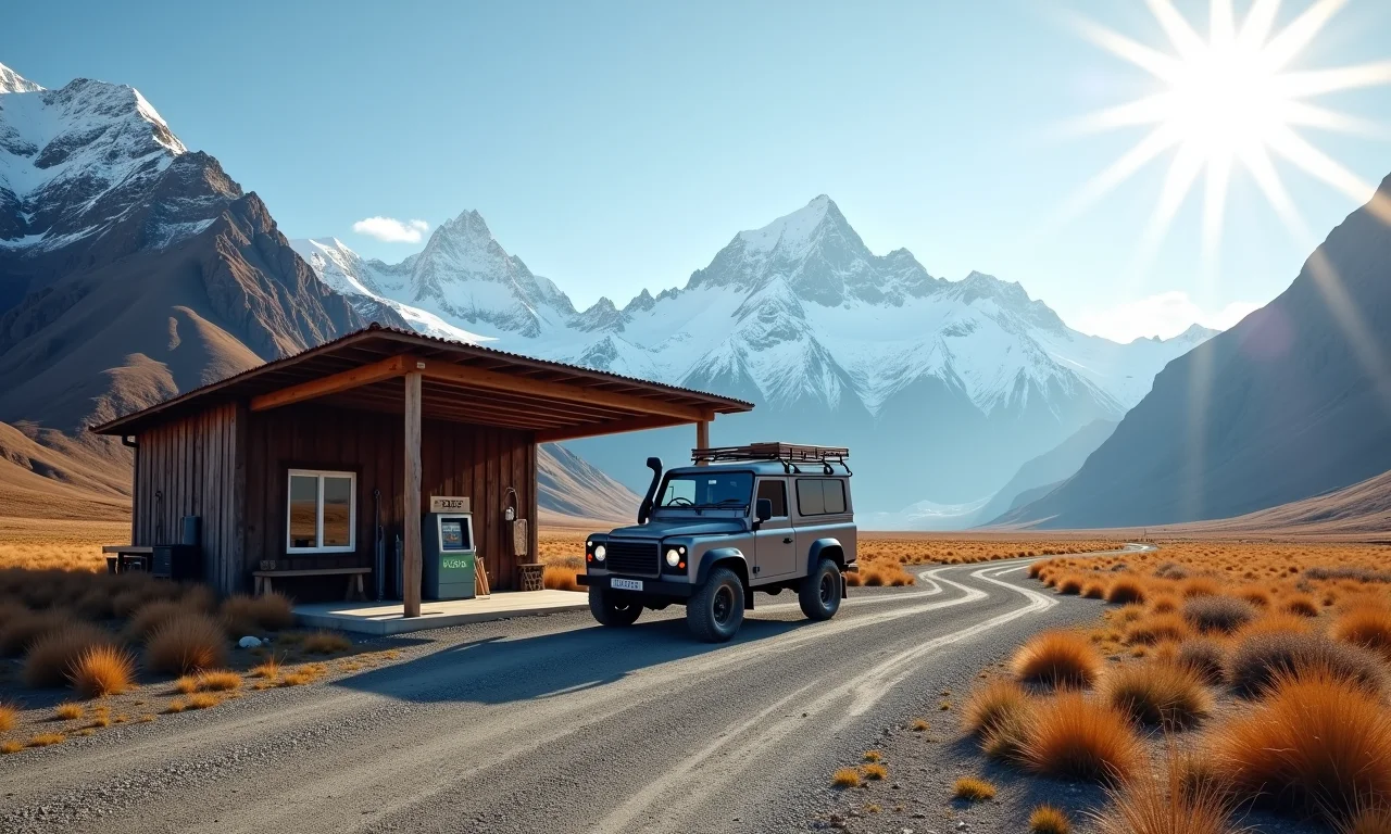 Posto de gasolina rústico e hospedagem ao longo da Carretera Austral, Patagônia.