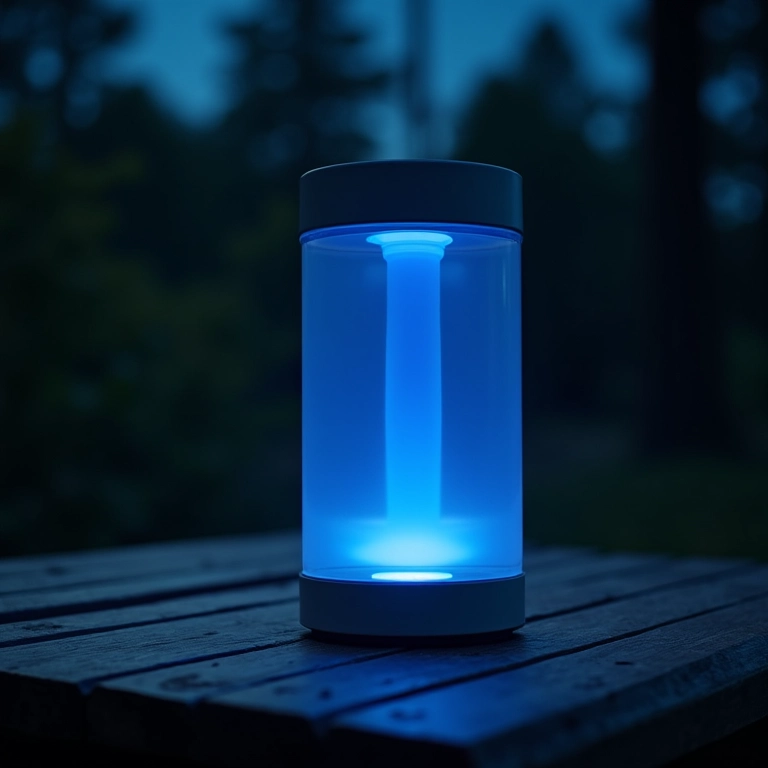 Purificador de água portátil com luz UV em uso noturno.