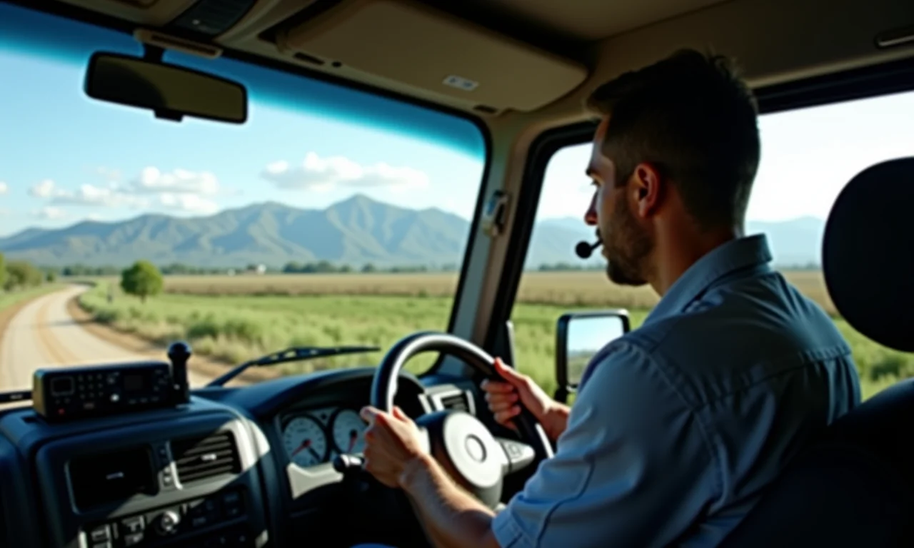 Rádio comunicador dentro de veículo 4x4 com vista panorâmica de Caconde, SP.