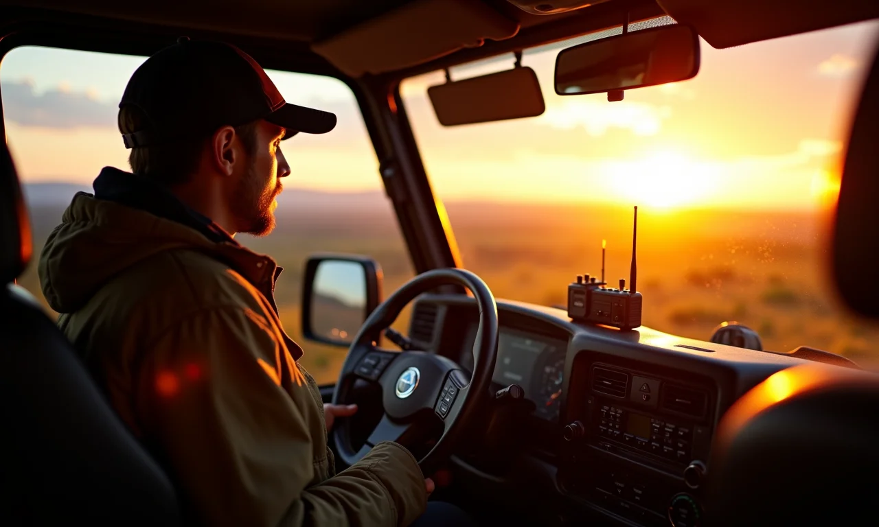 Rádio comunicador em veículo 4x4 com vista panorâmica.