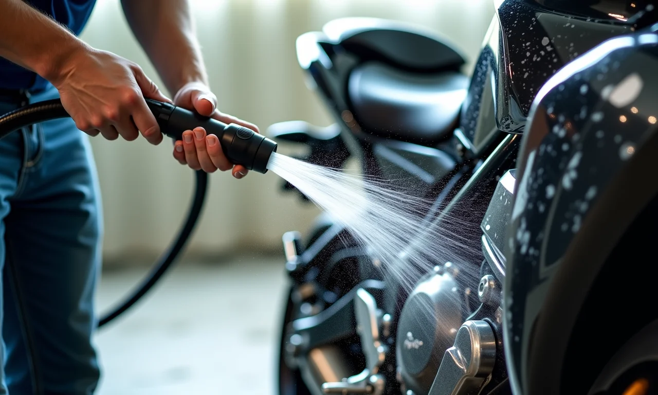 Removendo a sujeira grossa da moto com água.