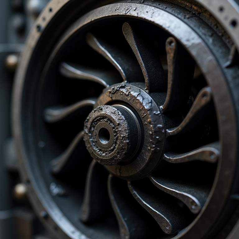 Rotor de compressor mecânico danificado, mostrando sinais de desgaste.