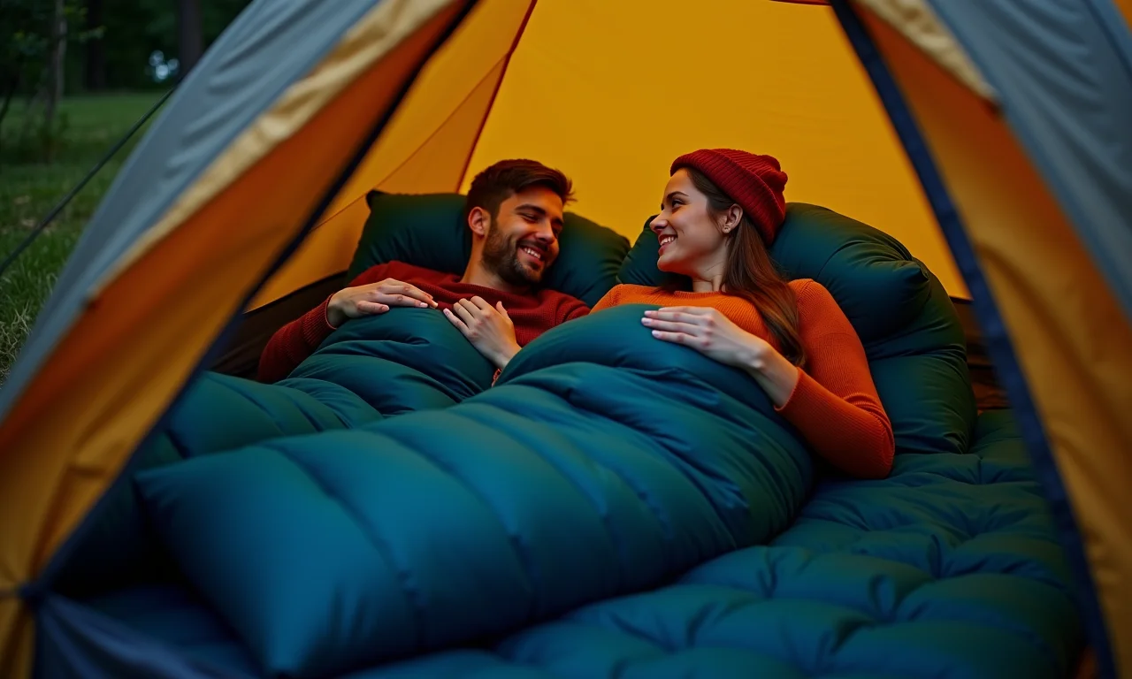 Saco de dormir de casal inflável em acampamento com casal.
