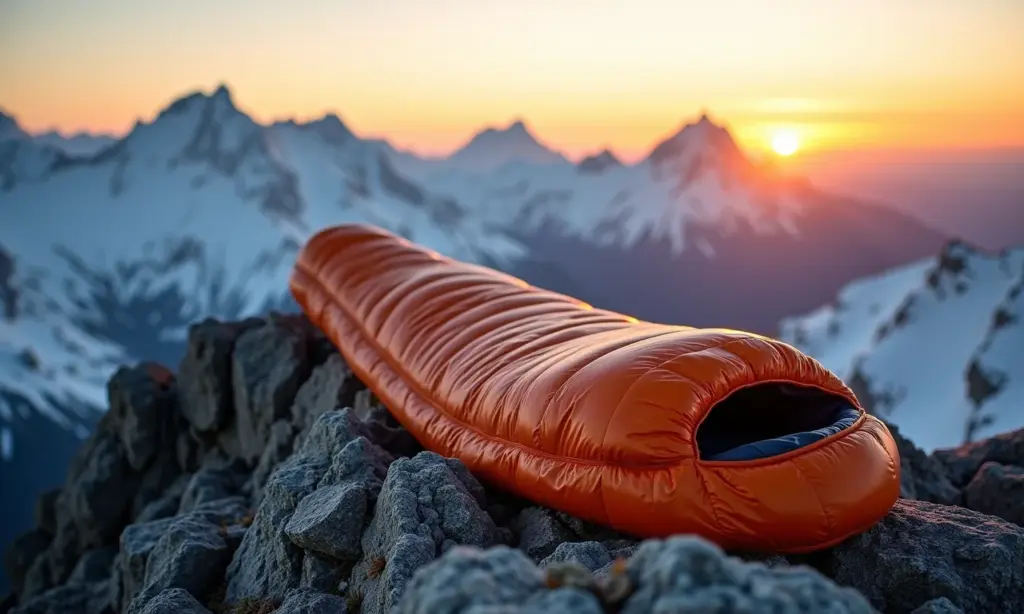 Saco de dormir de pena de ganso aberto em montanha.