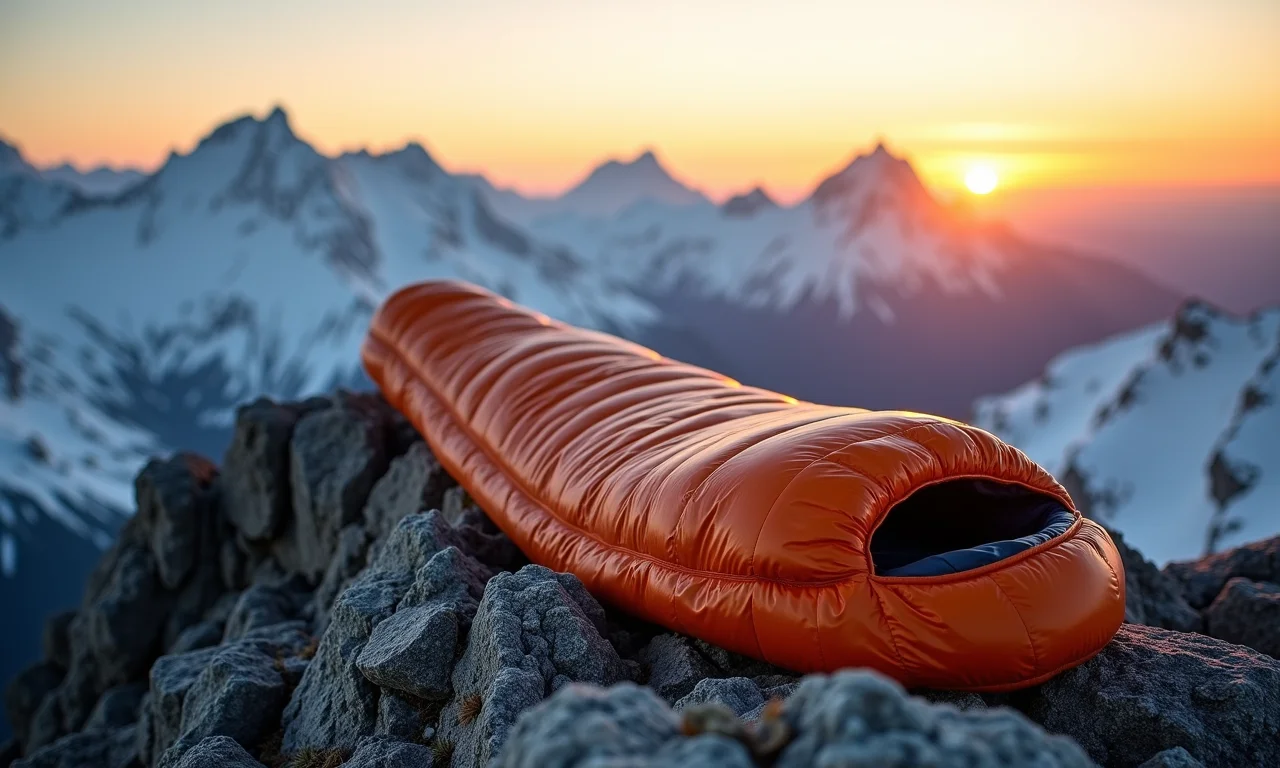 Saco de dormir de pena de ganso aberto em montanha.