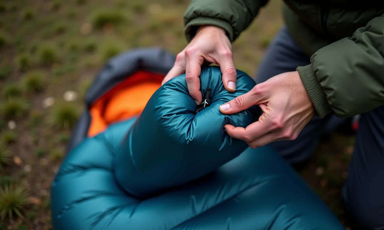 Saco de dormir de pena de ganso sendo comprimido.