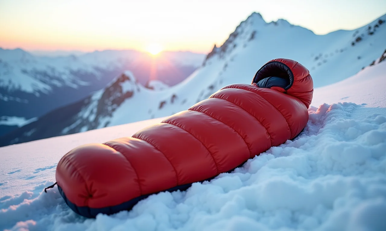 Saco de dormir formato múmia no topo de montanha nevada.