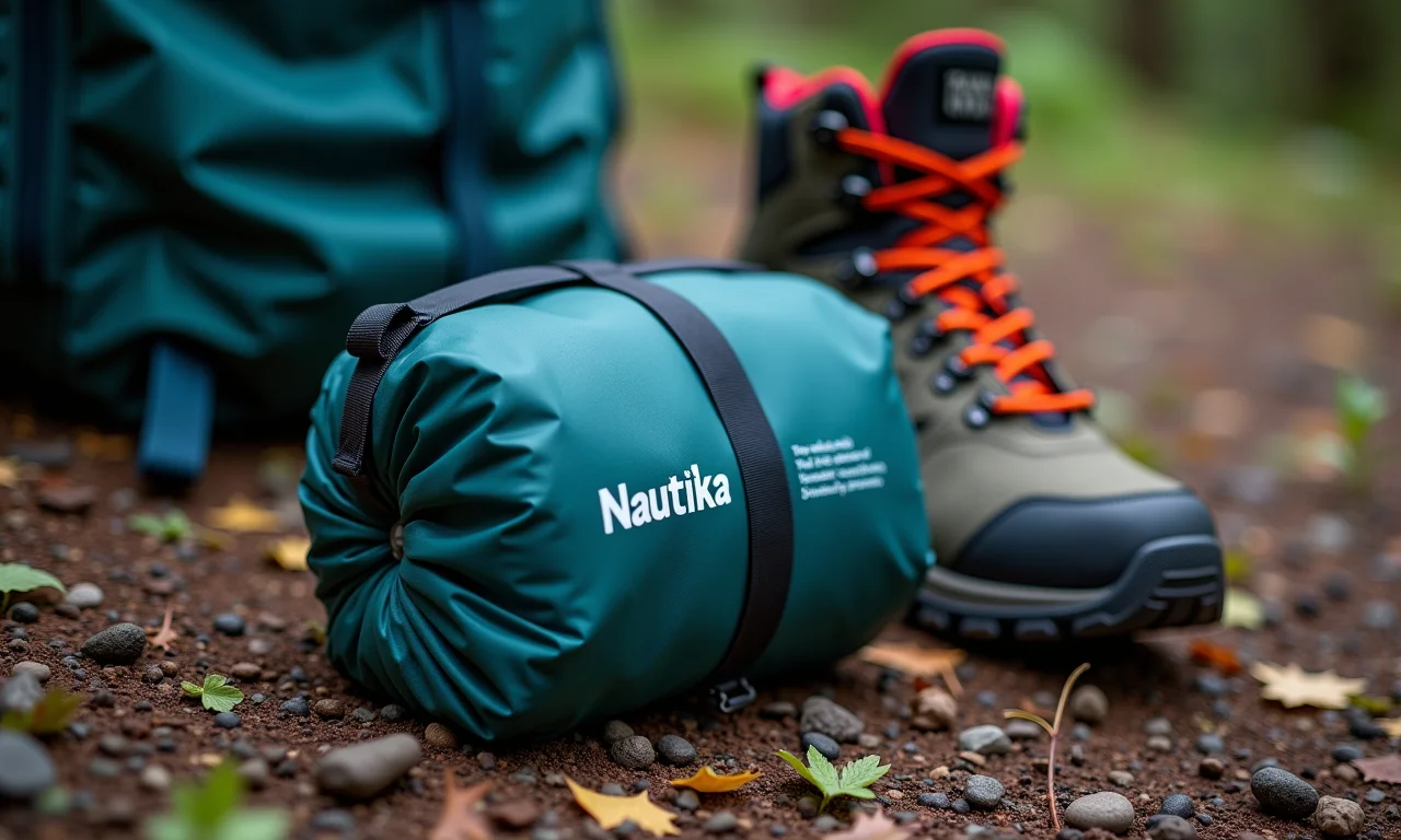 Saco de dormir Nautika Drone compacto ao lado de bota e mochila de trilha.