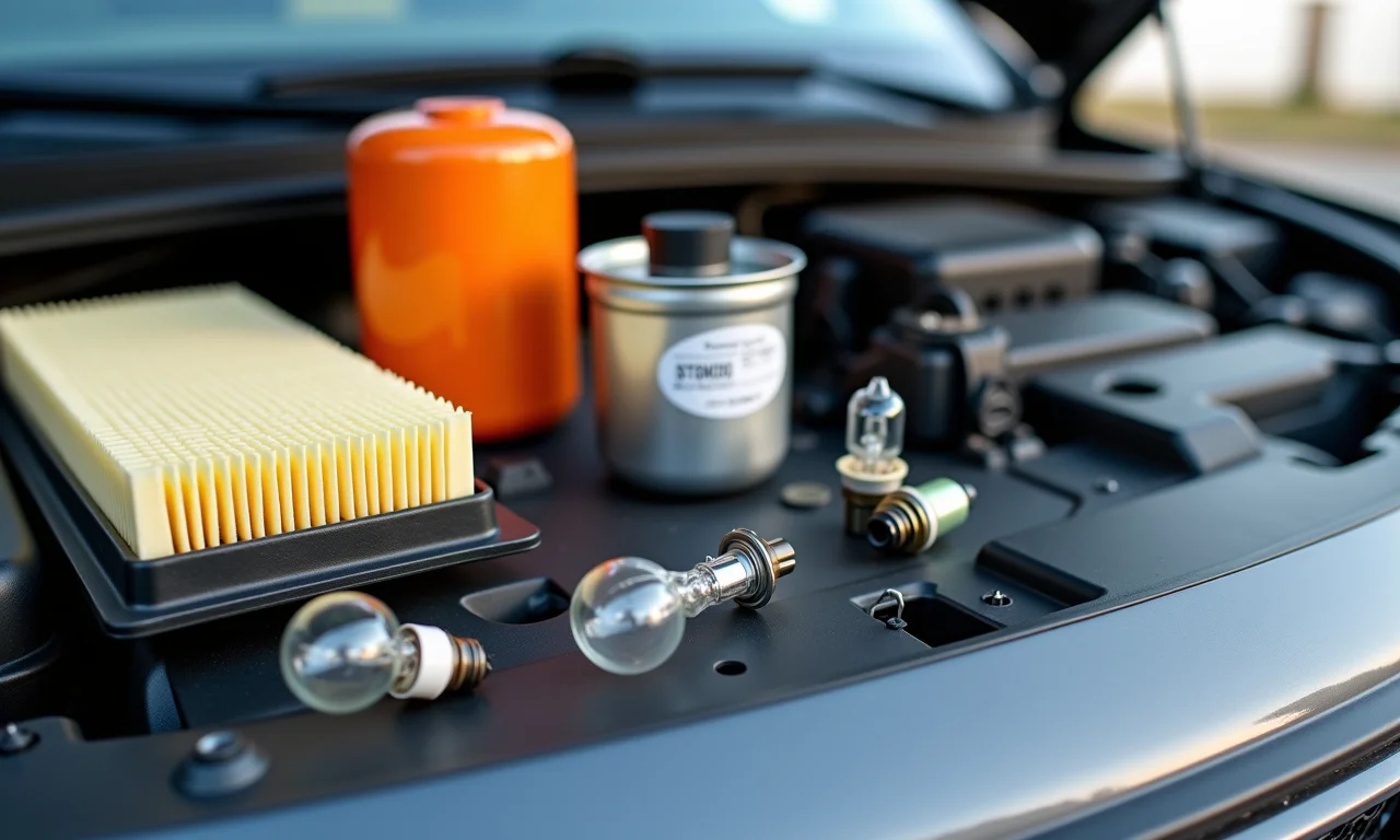 Seleção de peças de manutenção automotiva: filtros de ar, óleo, palhetas e lâmpadas.