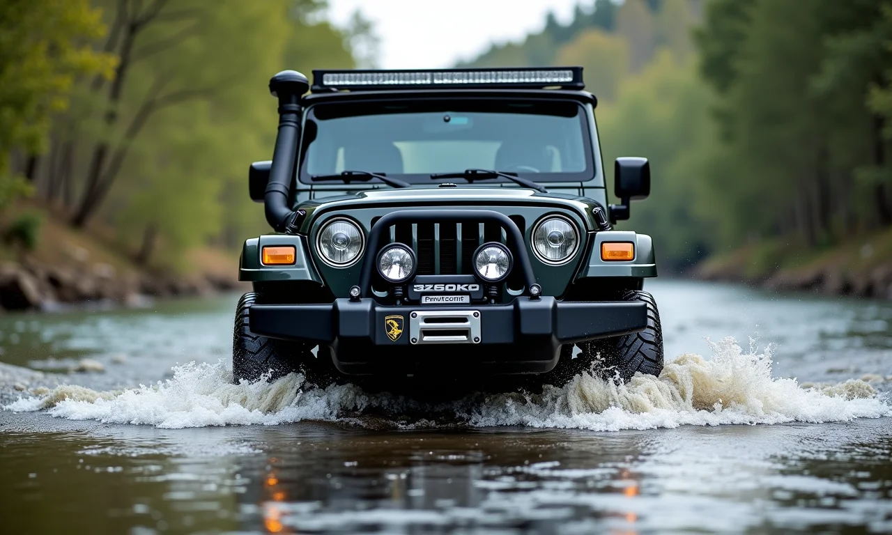 Snorkel instalado em veículo 4x4 atravessando rio.