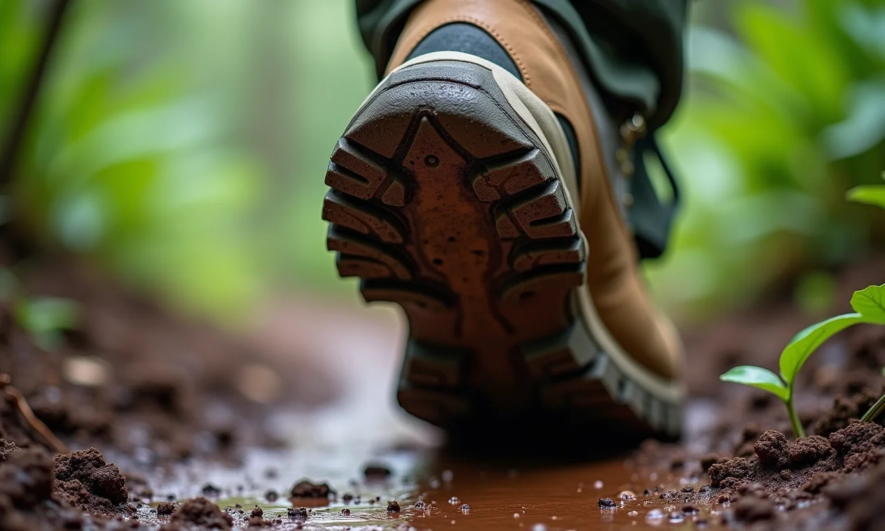 Solado aderente da bota de trilha em terreno lamacento na Amazônia.