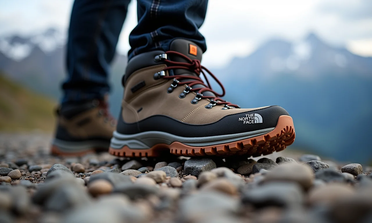 Solado Vibram da bota North Face aderindo a rocha.