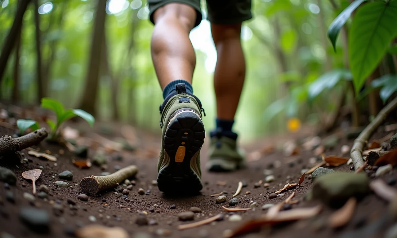 Suporte de tornozelo da bota protegendo hiker na Amazônia.
