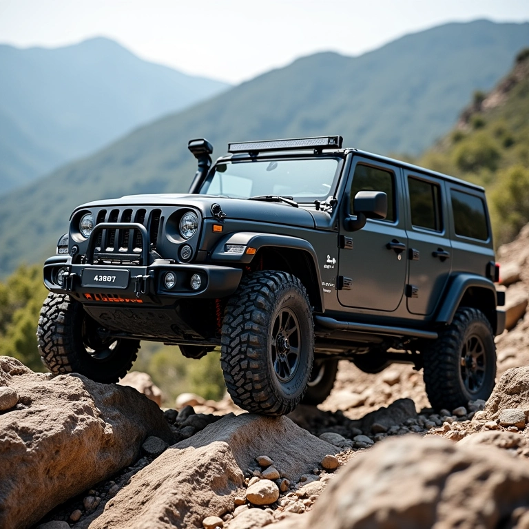 Suspensão elevada em veículo 4x4 superando obstáculo rochoso.