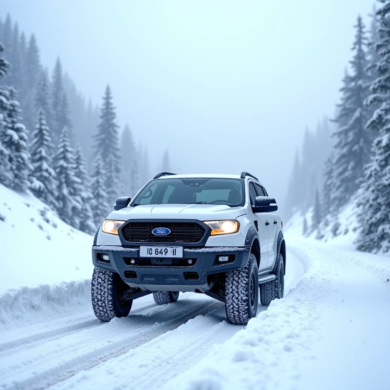 SUV 4x4 dirigindo com segurança em estrada nevada.