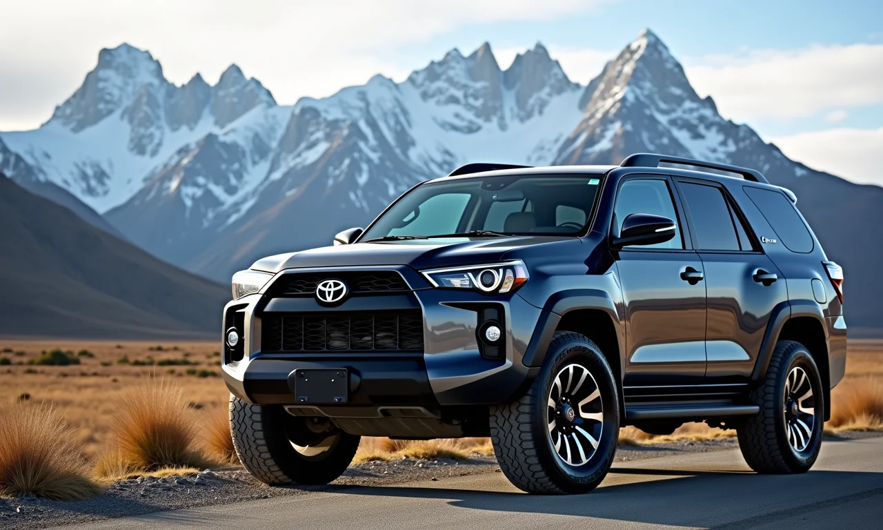 SUV 4x4 moderno estacionado em frente a uma paisagem montanhosa na Patagônia.