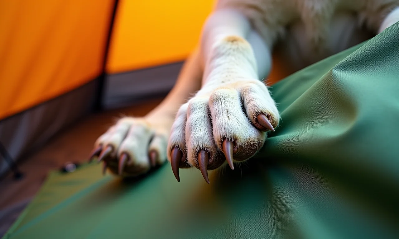 Tecido resistente de barraca de camping resistindo às unhas de cachorro.