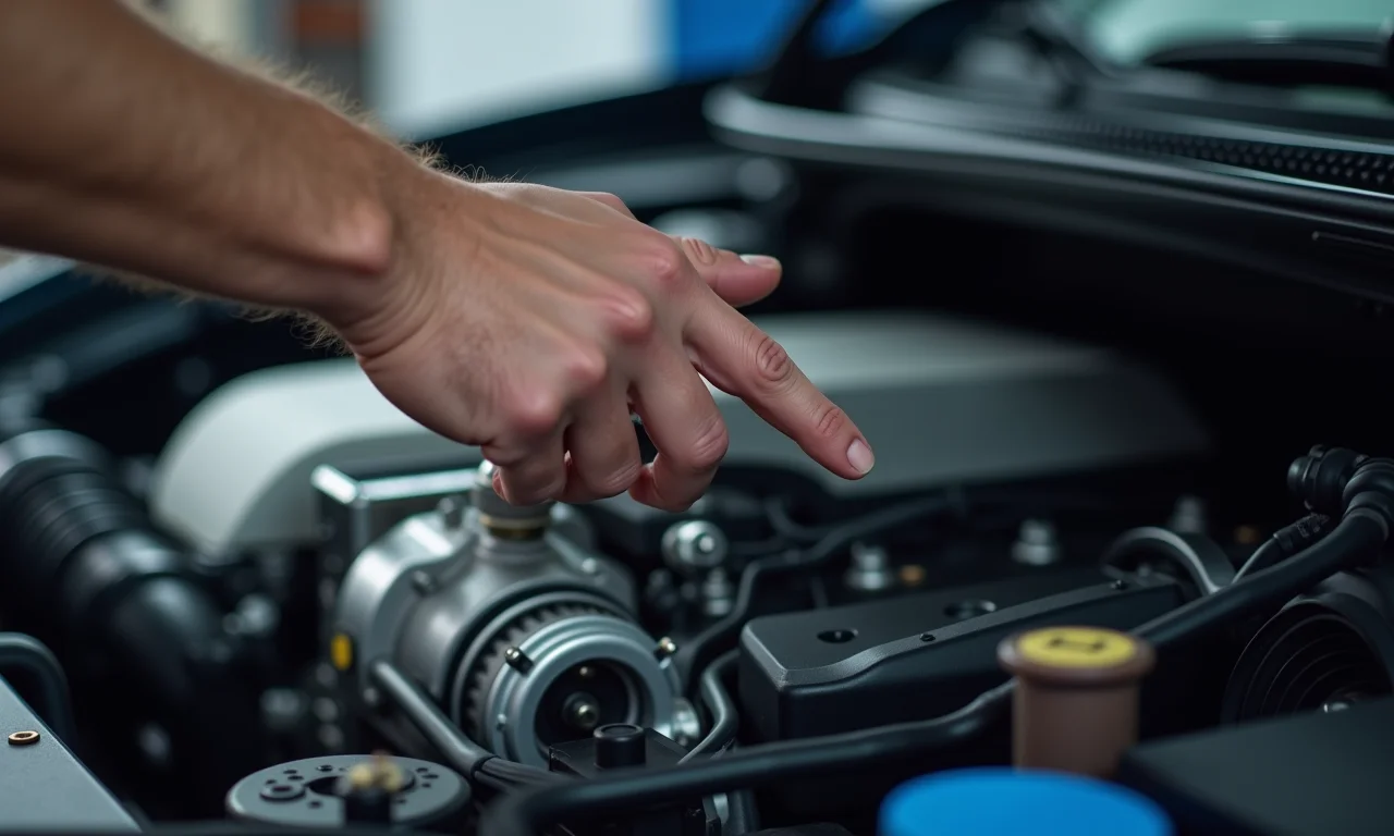 Técnico automotivo apontando para componentes essenciais do carro.
