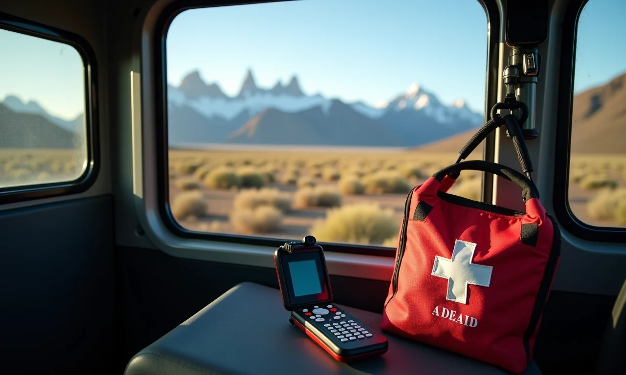 Telefone via satélite e kit de primeiros socorros em veículo 4x4 na Patagônia argentina.