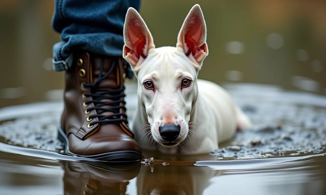 Teste de impermeabilidade em bota Bull Terrier.
