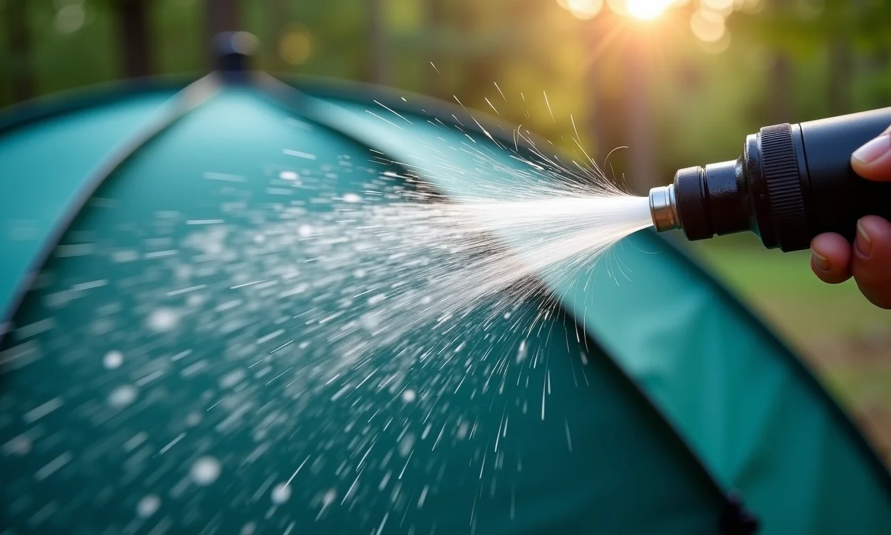 Teste de impermeabilidade em tecido de barraca com jato de água.