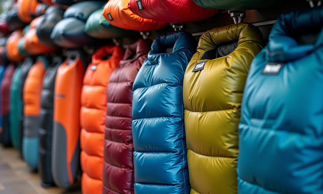 Tipos de saco de dormir de casal expostos em loja de camping.