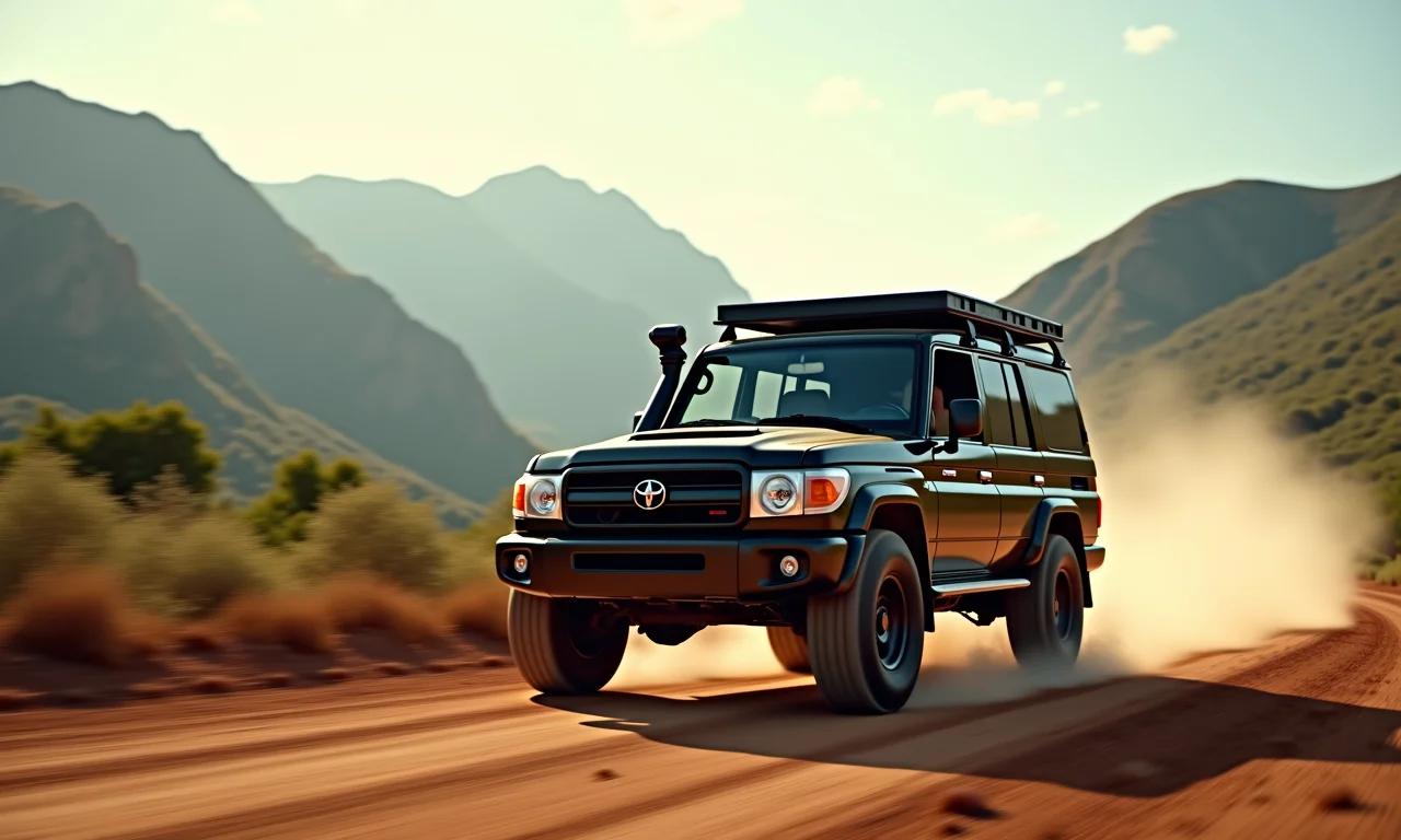 Toyota Land Cruiser 4x4 preparada para overlanding em estrada de terra no Brasil.